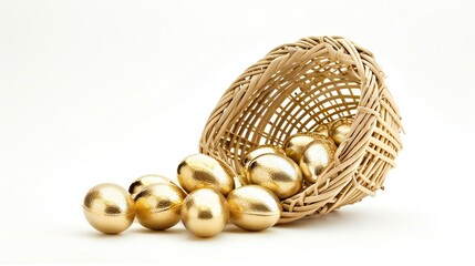 Golden Easter Eggs Spilling from Wicker Basket PNG