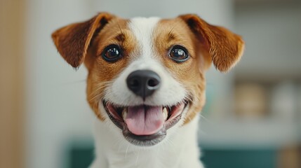 Happy Dog Smiling Joyfully in Bright Indoor Setting with Focus