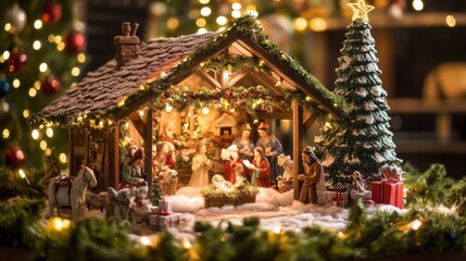 Festive Nativity party scene with a beautifully decorated house, Christmas tree, presents, and garlands enhancing the holiday ambiance.