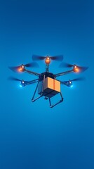 A future drone for package delivery hovers over a vivid blue backdrop.
