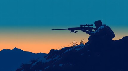 Fototapeta premium Silhouette of a shooter at dusk, focused figure aiming a rifle towards the horizon, blending nature with precision and calm.