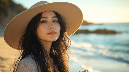 Serene Woman in a Wide-Brimmed Hat Enjoying a Coastal Sunset generative ai