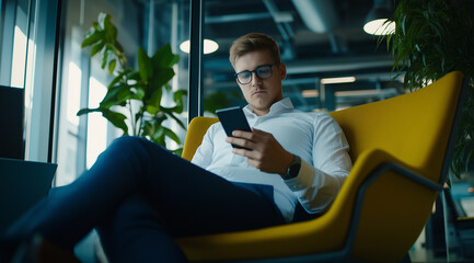 man in modern office setting sits on yellow chair, focused on his smartphone