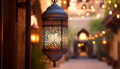Ramadan Kareem lantern lamp and Eid celebration the night bokeh view