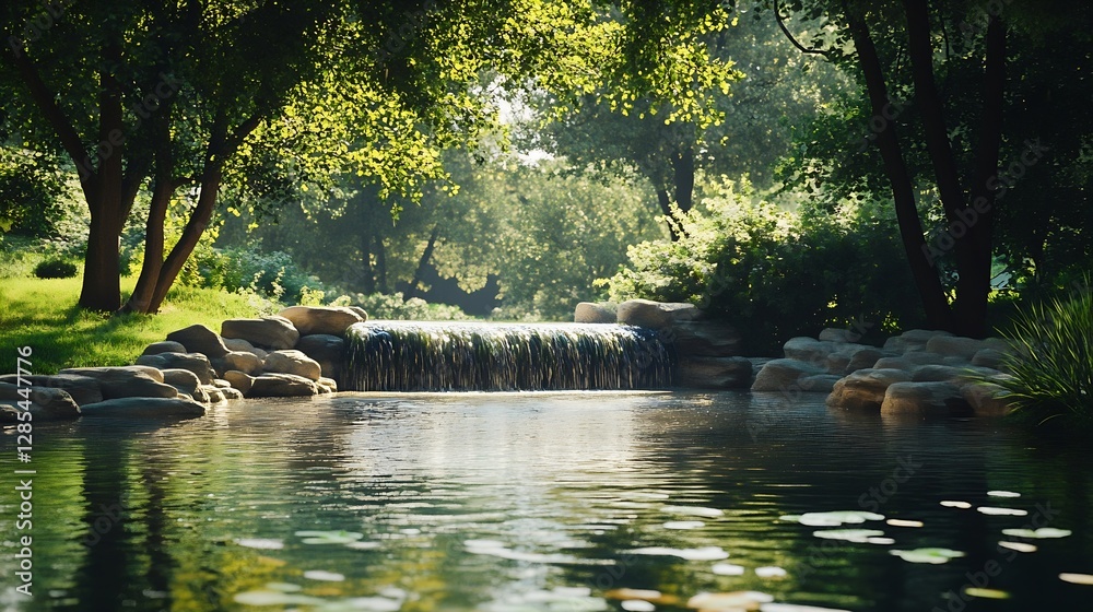 Poster serene nature scene with a gently flowing waterfall surrounded by lush greenery and peaceful reflect