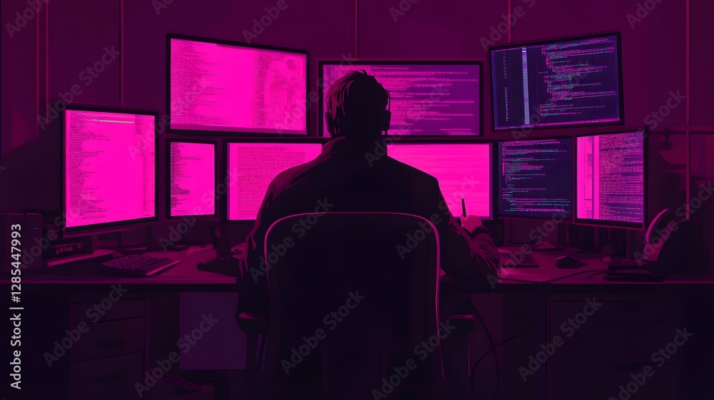 Wall mural hacker disabling system that has taken control of city from dimly lit workspace