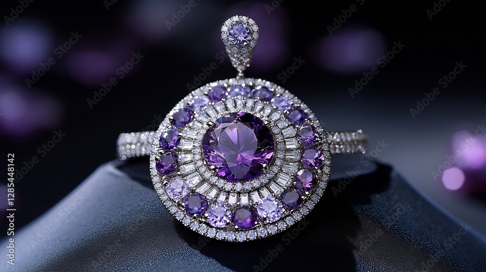 Poster elegant amethyst ring with sparkling diamonds on a dark background : generative ai