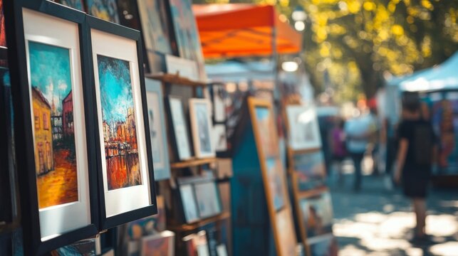 Framed paintings displayed at an outdoor art market