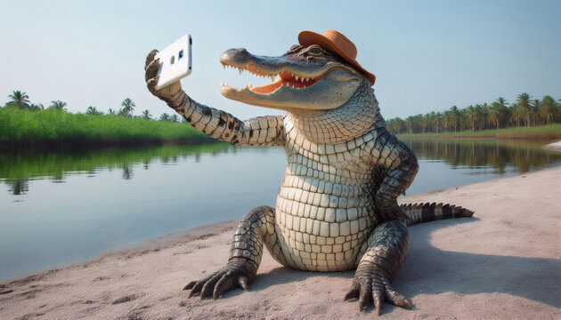 Alligator taking playful selfie tropical river smartphone photography humor beach