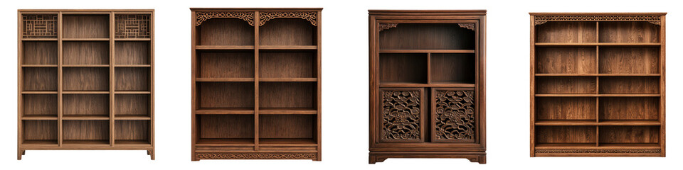 Elegant wooden bookcases and cabinets in warm rustic tones providing ample storage and display space for books decor and collections