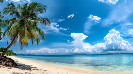 tropical beach panorama, seascape with a wide horizon, showcasing the beautiful expanse of the sky meeting the sea 
