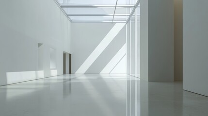 Fototapeta premium Modern Architectural Interior With Sleek Glass Walls and Minimalist Design Showcases a Lone Figure in the Distance, Evoking a Sense of Solitude and Contemplation