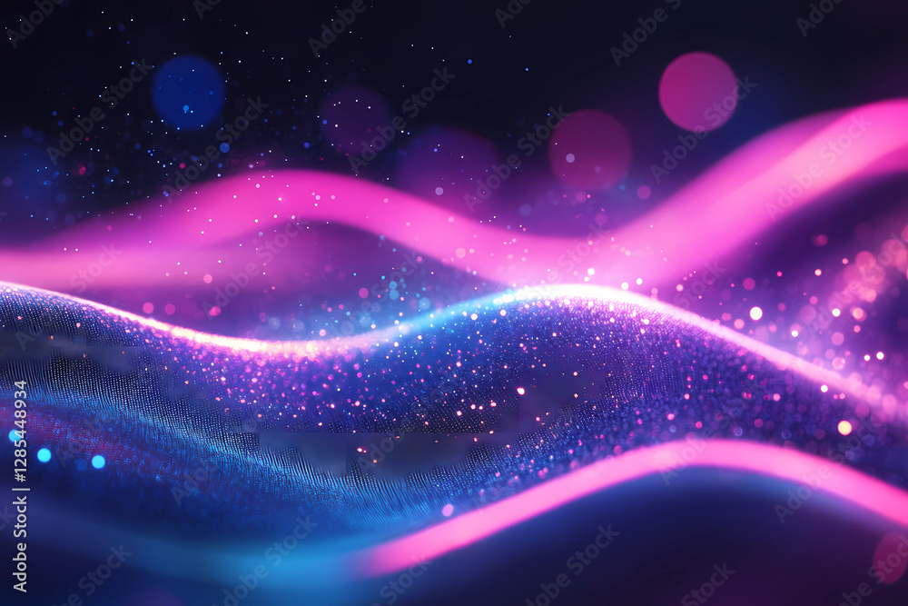 Wall mural abstract futuristic background with pink blue glowing neon moving high speed wave lines and bokeh li