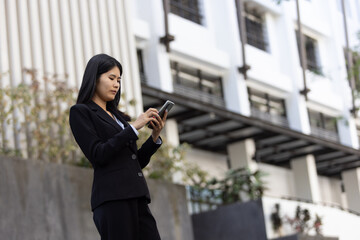 Future remote work combines technology smart phone digital business woman enable e-learning...