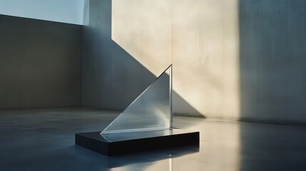Glass Triangle Sculpture on Black Base in Minimalist Setting