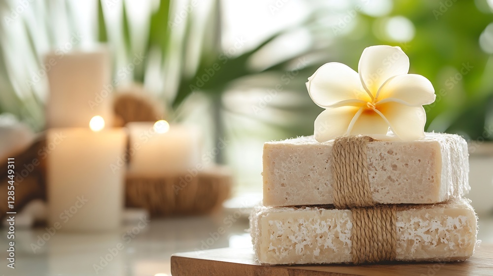 Poster natural spa setting with handmade soaps and plumeria flower on a cozy countertop : generative ai