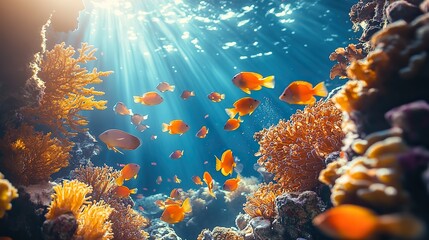 Naklejka premium A vibrant underwater scene showcasing a coral reef teeming with colorful fish, highlighting the biodiversity of marine life