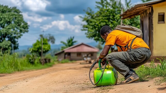 Person Refilling Gas Canister at Countryside Fuel Station with Vintage Pump