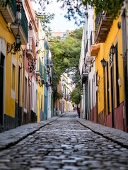 Fototapeta premium Charming Cobblestone Street with Colorful Houses and Lush Green Trees in Urban Setting : Generative AI