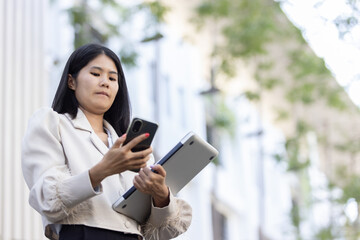 Future remote work combines technology smart phone connection online white digital business woman...