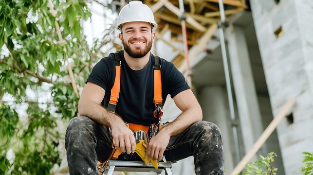A construction worker taking a break on a building site surrounded by scaffolding
