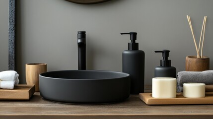 Luxury loft bathroom with soap and shampoo dispensers neatly placed on a modern sink, accompanied by a polished faucet and minimalist design for an upscale look.