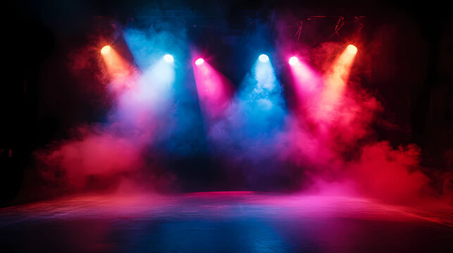 Stage light with colored spotlights and smoke. Concert and theatre dark scene