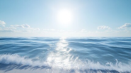 Fototapeta premium Blue Ocean Blending with Serene Ethereal Clear Sky and Soft Lens Sun Light Flare