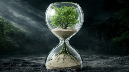 Green Tree In Glass Hourglass, Dark Smoky Background