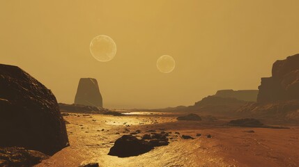 Alien planet landscape with two moons and rocky terrain.