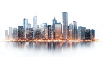 Obraz premium Cityscape panorama at night, reflecting on water.