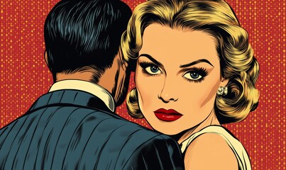 a stylish pop art illustration of a man and woman looking at viewer with suspicion or intrigue. The woman with blonde hair gazes at the viewer, a man turns away from viewer, the background is red