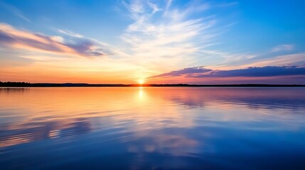 Obraz premium Serene Sunset Over Calm Lake Reflecting Vibrant Colors in the Sky : Generative AI