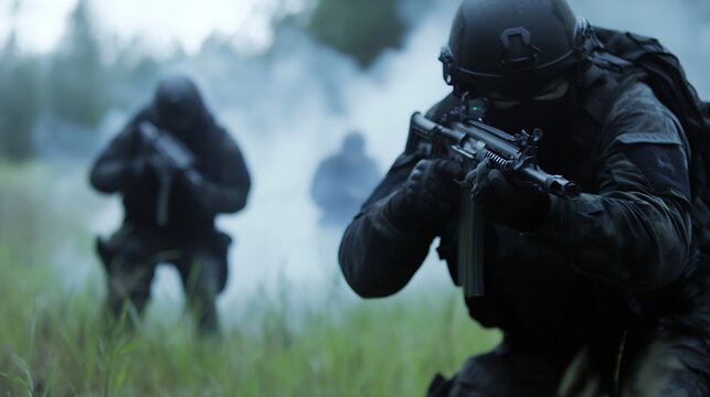 Tactical Operatives in Action During Military Training Exercise in Smoke : Generative AI