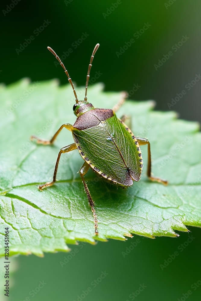 Poster Detailed Macro Shot of Leaf Bug Resting on Green Leaf Surface : Generative AI