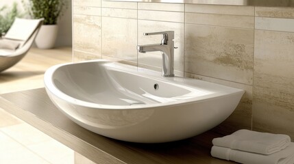 Modern white ceramic sink with a sleek chrome faucet, set against a tiled bathroom wall with soft natural lighting.