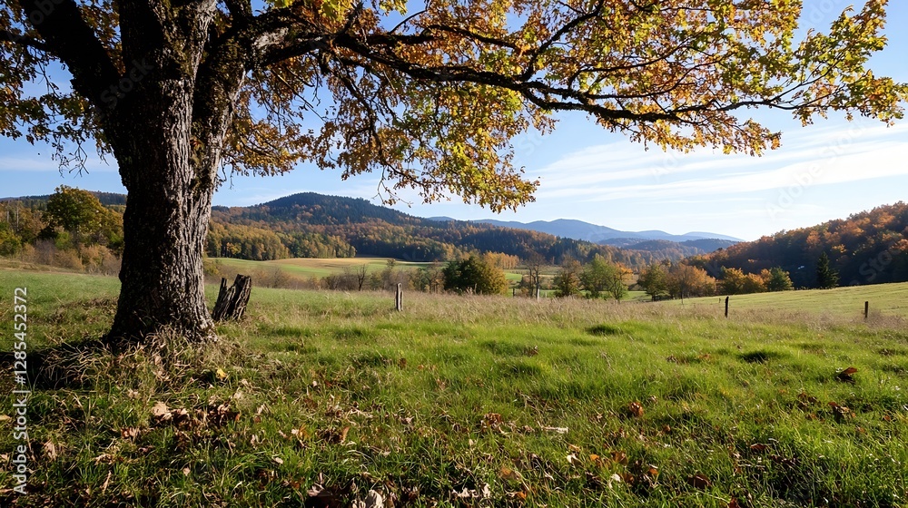 Poster breathtaking autumn landscape with colorful trees and rolling hills against a clear sky : generative