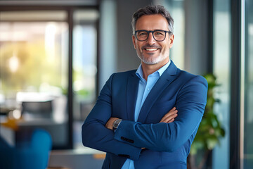 Happy middle aged business man ceo standing in office arms crossed. Smiling mature confident professional executive manager, proud lawyer, businessman leader wearing blue suit