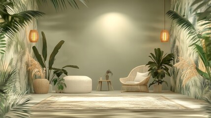 Cozy Living Room Featuring Vibrant Greenery and Rustic Decor in a Calm, Serene Setting With Natural Elements Enhancing the Ambiance