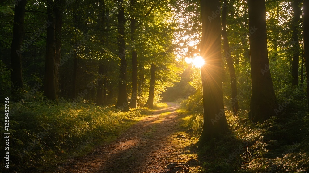 Poster Golden Light Filtering Through Trees Creating a Scenic Pathway in a Lush Forest : Generative AI