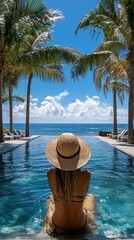 Obraz premium Woman relaxes in infinity pool, ocean view, tropical paradise, vacation