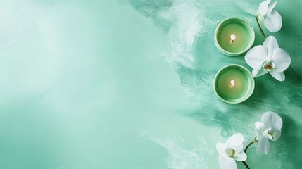 Two lit candles and white orchids on a mint green background.