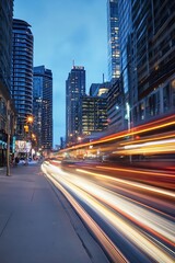 Fototapeta premium Vibrant Cityscape at Dusk with Streaks of Light from Traffic and Tall Buildings Against the Evening Sky : Generative AI