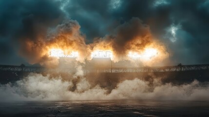 Fototapeta premium Dramatic Stadium Scene with Clouds and Smoke at Dusk Displaying Power