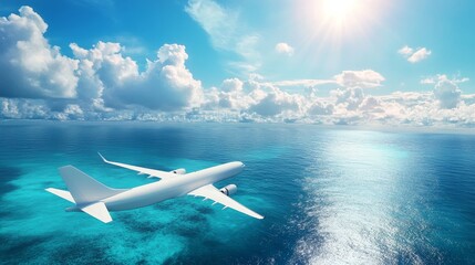 Fototapeta premium A Commercial Airplane Flying Over the Turquoise Ocean Under a Bright Blue Sky Filled With Fluffy Clouds During Daytime