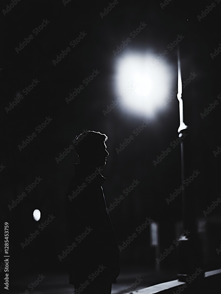 Poster silhouette of a man standing alone in the dark under a streetlight : generative ai