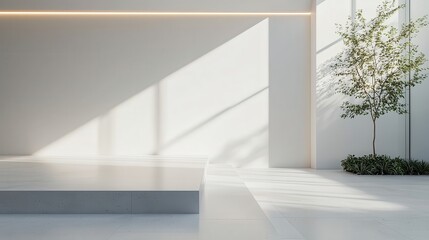 Fototapeta premium Bright Minimalist Indoor Space with Shadows and Greenery Accents