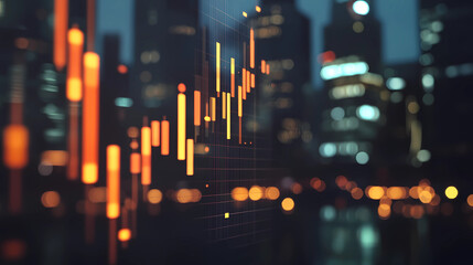 Abstract glowing big data forex candlestick chart on blurry city backdrop. Trade, technology, investment and analysis concept 