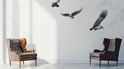 Elegant interior with armchair and flying birds mural © Juan