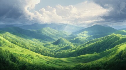 Fototapeta premium Rolling hills of the Great Smoky Mountains blanketed in spring greenery, with soft light breaking through the clouds.